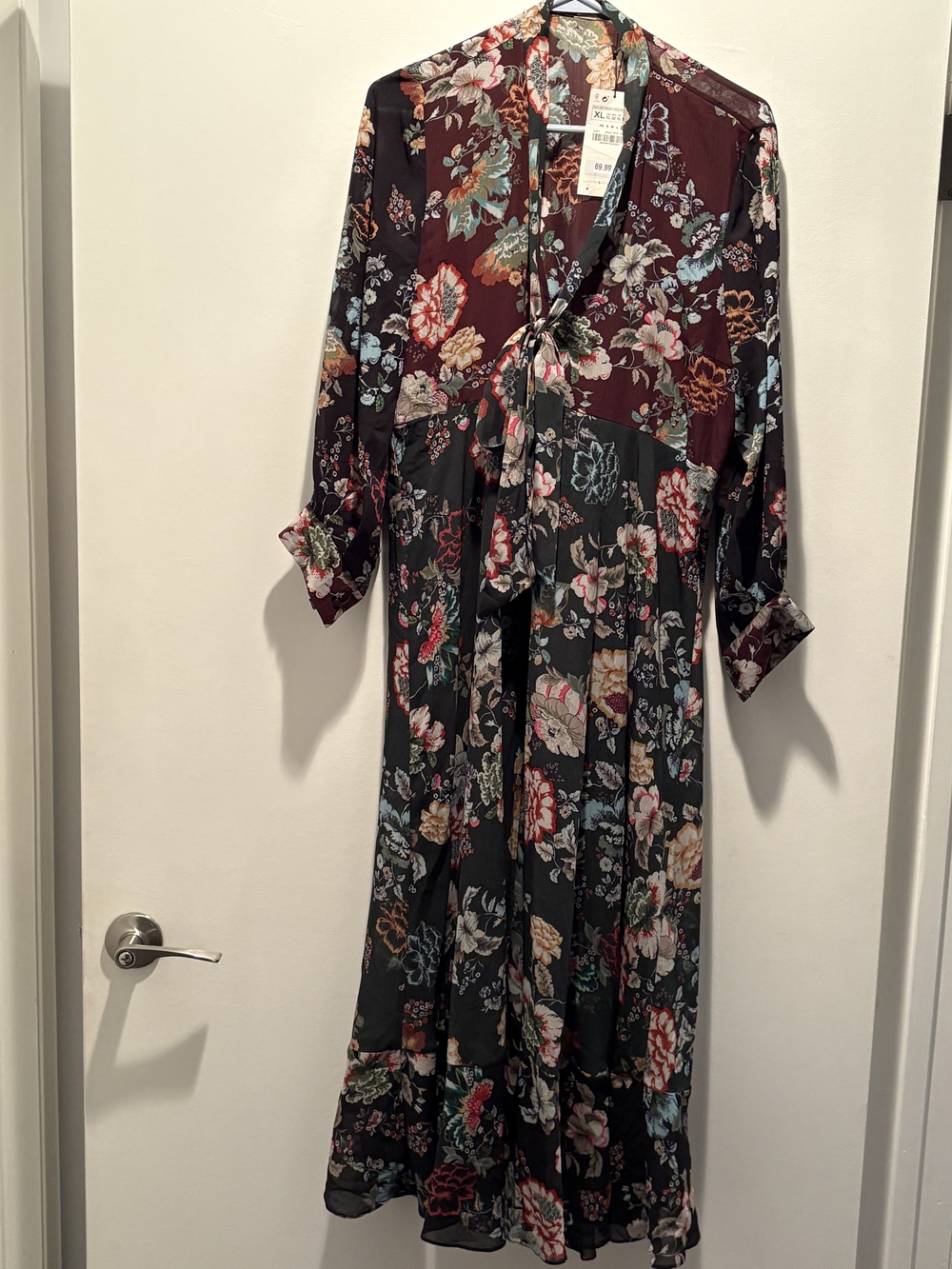 Zara Floral Patchwork Tie-Neck Maxi Dress in Burgundy, Black and Multicolor NWT